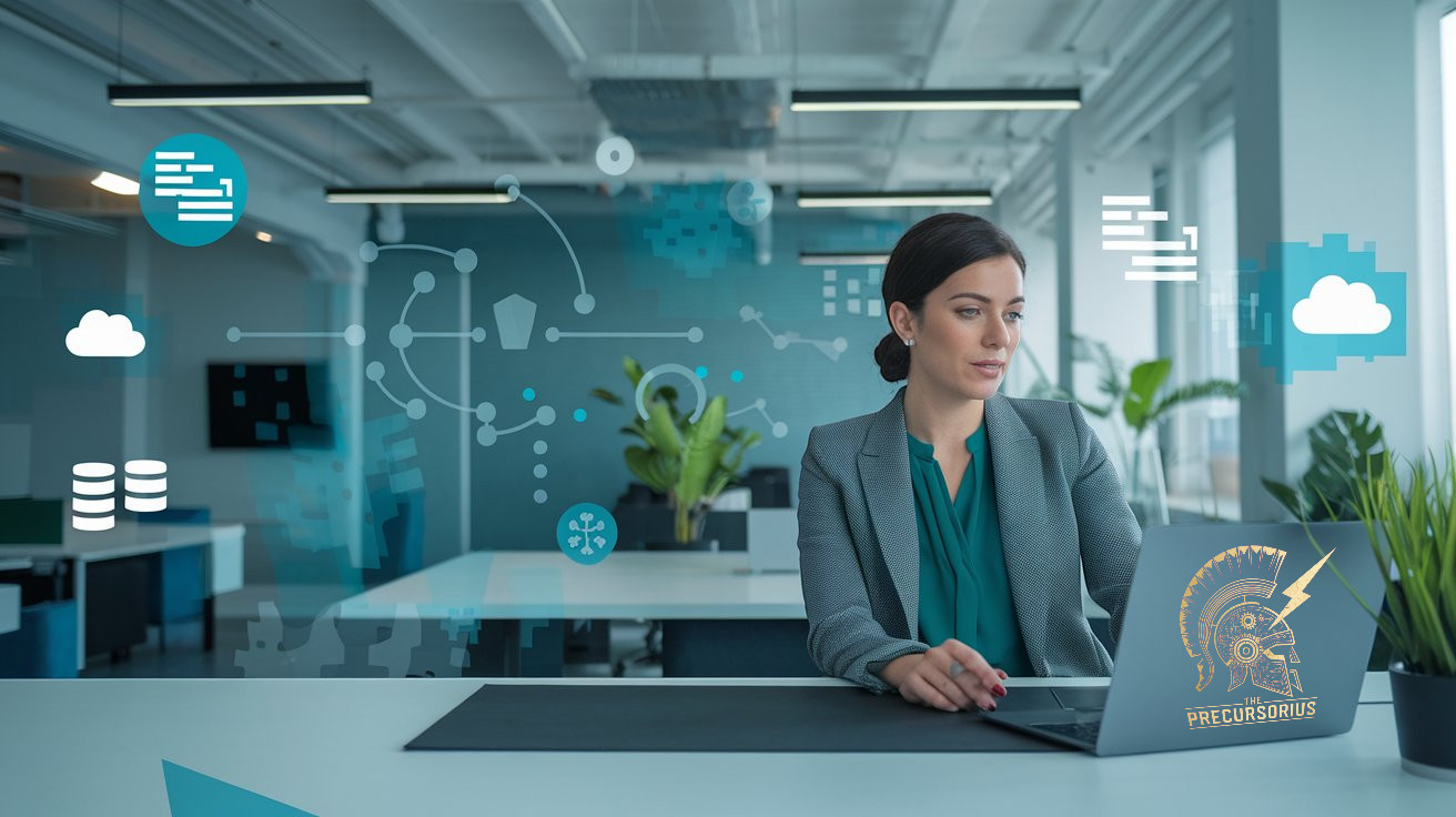 a woman sitting at a desk with a laptop